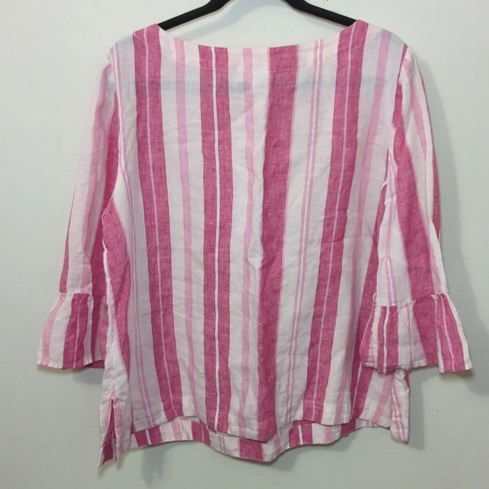 Charter Club 100% Linen Blouse Pink + White Striped 3/4 Sleeve Ruffle Size PXL